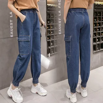 

Blue High Waist Cargo Jeans Plus Size Beam Foot Pants Streetwear Elasticated Waist Loose casual Jeans Trousers 2020 Vintage