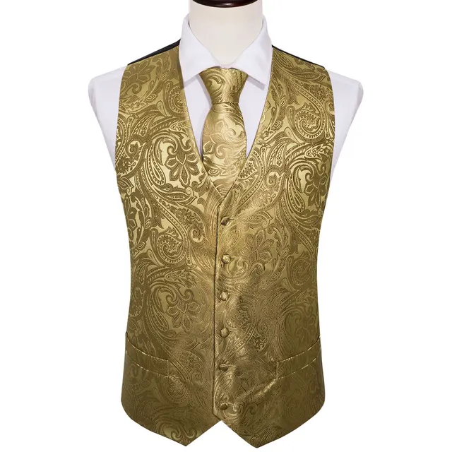 4PC Mens Extra Silk Vest Party Wedding Gold Paisley Solid Floral Waistcoat Vest Pocket Square Tie Suit Set Barry.Wang BM-2017 4