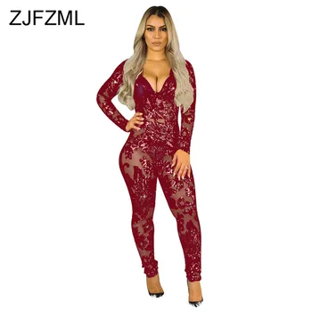 

Sexy Deep V Neck Sequin Jumpsuit Women Long Sleeve See Through Party Rompers Plus Size Elegant Open Back Bodycon Club Bodysuits