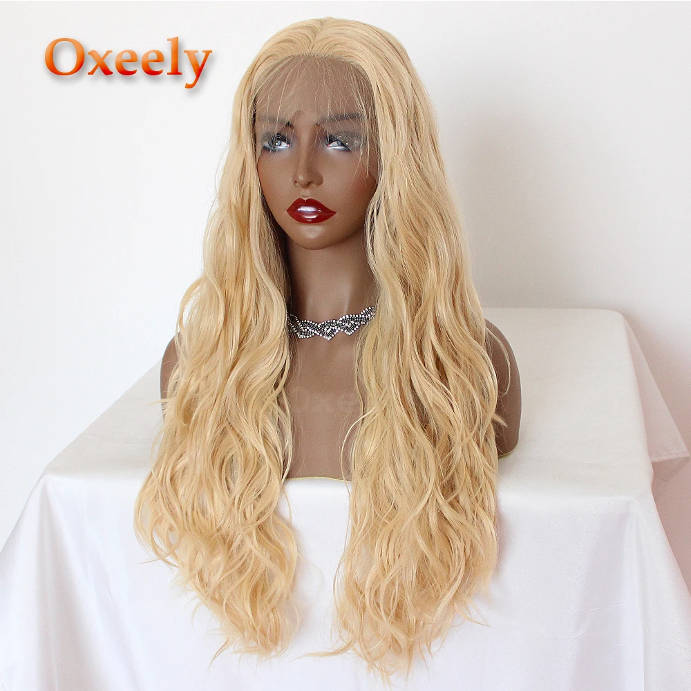 Oxeely blonde long loose wave synthetic lace front wig blonde color with baby hair heat resistant for women5