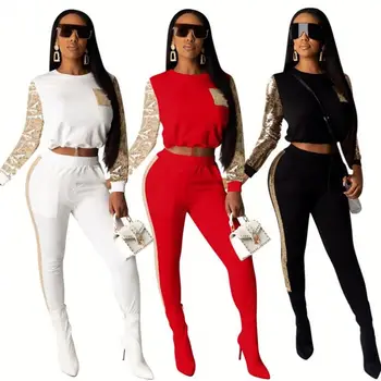 

Women 2 Piece Set Clothes Sportswear Sequin Long Sleeve Tight Sport Style Club Womens Two Piece Pants Suit Set
