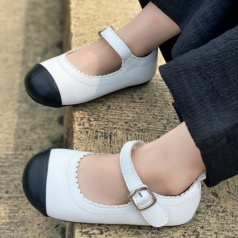 Zapatos de plataforma plana cuero para niñas, calzado de tacón bajo con hebilla negra Lolita, antideslizante, para primavera otoño, de cuero| - AliExpress