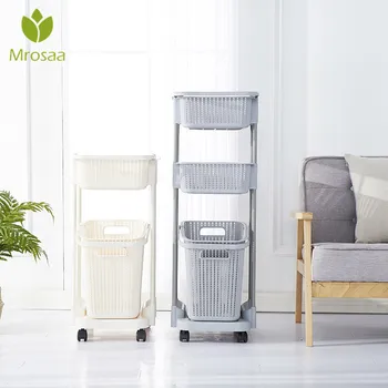 

Multilayer Durable Plastic Dirty Clothes Basket Organizer Hand Push Laundry Basket Seperate Sundries Toy Storage with Wheel