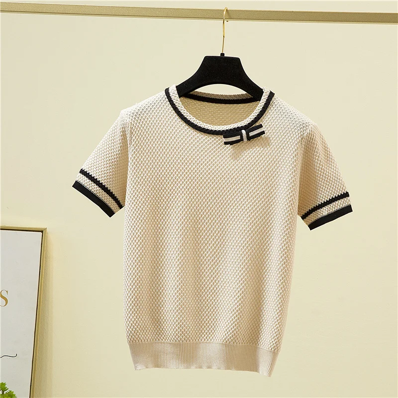 Korean Fashion Bow Patchwork Short Sleeve T-Shirt Women Elegant Summer Knitted Tees Office O-Neck Thin Woman Tshirt Tops Female