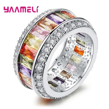 

Trendy Female Bright Rainbow Baguette Bohemian 925 Sterling Silver Austrian Crystal Rings For Women Christmas Gift Bague Jewelry