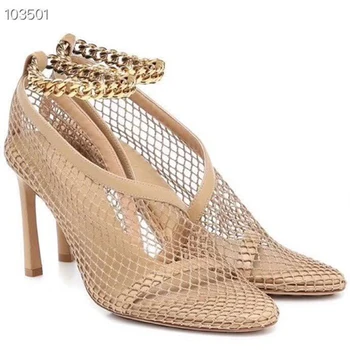 

Mesh Leather Designer High Heels Women Ankle Strap Golden Chain Stiletto Fashion Brand Shoes Women Breathable Dress Pumps shoes