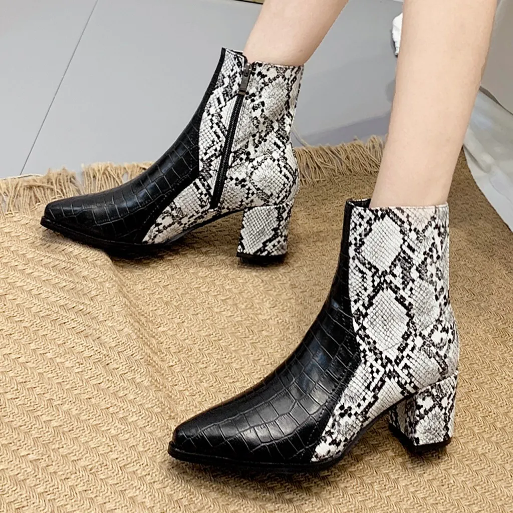 

Mixed Colors winter boots women Pointed Toe Crocodile pattern ankle boots for women Square heel Chelsea Boots botas mujer