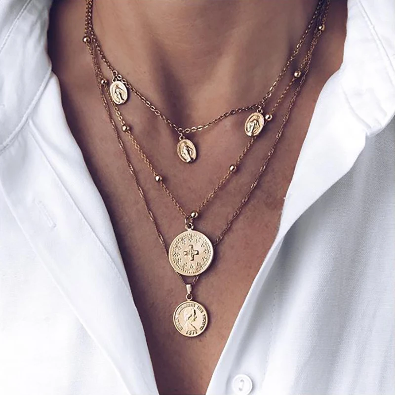 

Vienkim Vintage Cross Multi Layered Coin Necklace Women Fashion Gold Color Engraved Medallion Pendant Necklaces Collares Collier
