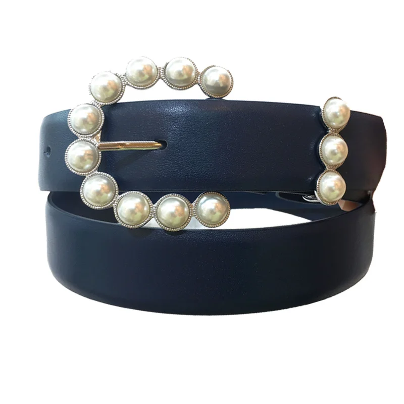 women fashion brand designer pearls buckle real leather belt female jeans dress overcoats belts 3.0cm width jc3403