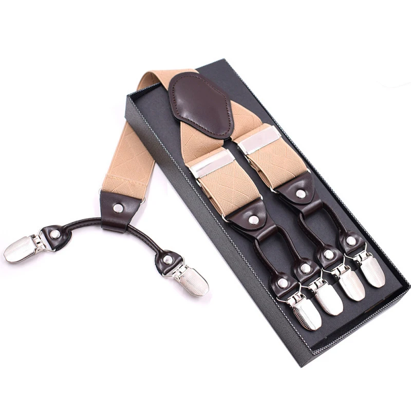 Men's Fashion Leather Suspenders Straps Wedding Trouser Pants Braces Belts Y Back Heavy Duty Big Size Adjustable Elastic-Khaki