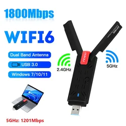 Adaptateur Wifi 6 USB 1800 double bande 3.0 GHz/5GHz, carte réseau sans fil avec antenne à Gain élevé pour PC/ordinateur portable, 2.4 Mbps 