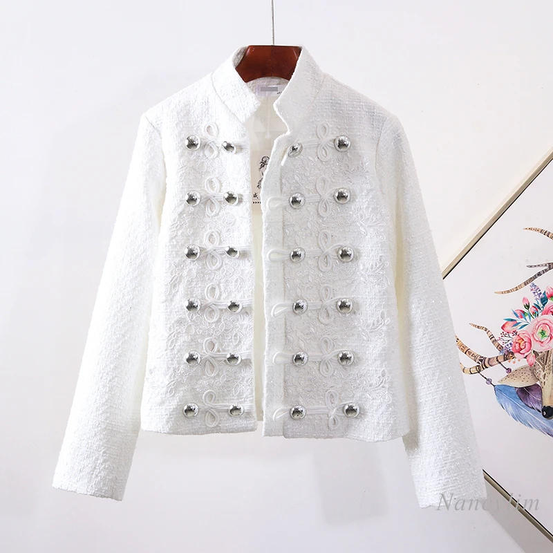

2020 Autumn and Winter New Style White Handsome Uniform Stand Collar Embroidery Drill Buckle Woolen Short Coat Female Jacket