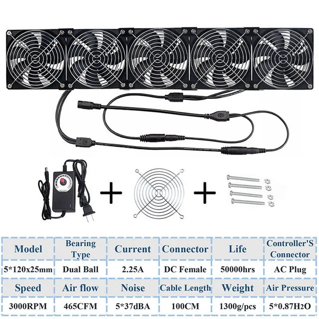 Gdstime 120mm DC 12V 220V Fan Mining Computer Chassis Workstation Radiator 12cm 120mmx25mm High Speed Router Server Cooling Fan 5 Fan Ball 3000RPM