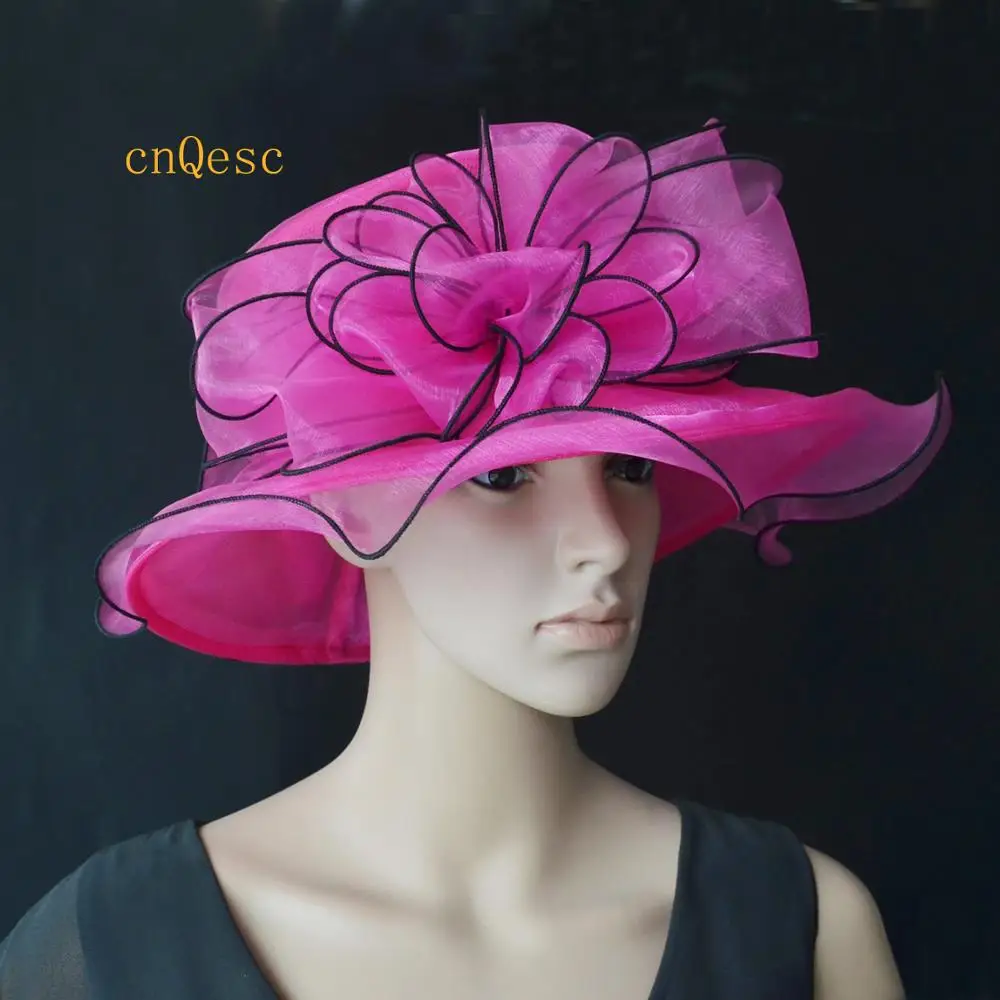 Fucshia/черная шляпа из органзы, свадебная шляпа, шляпа Дерби в Кентукки для гонок, Кубка в Оксфорде, церковь, ширина полей 11 см