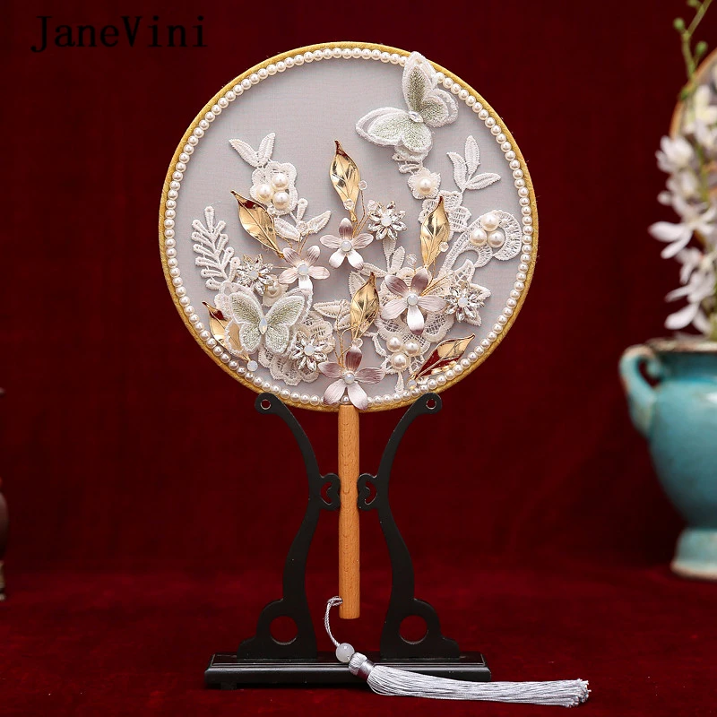 JaneVini, элегантный китайский свадебный букет, веер, аппликационные Жемчужины для кружева, цветы ручной работы, для невест, Круглый веер, свадебные аксессуары