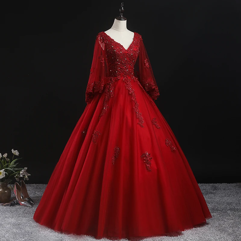 Quinceanera Dress Party Prom Dress Full Sleeve Sexy V-neck Ball Gown Luxury Lace Vintage Quinceanera Dresses