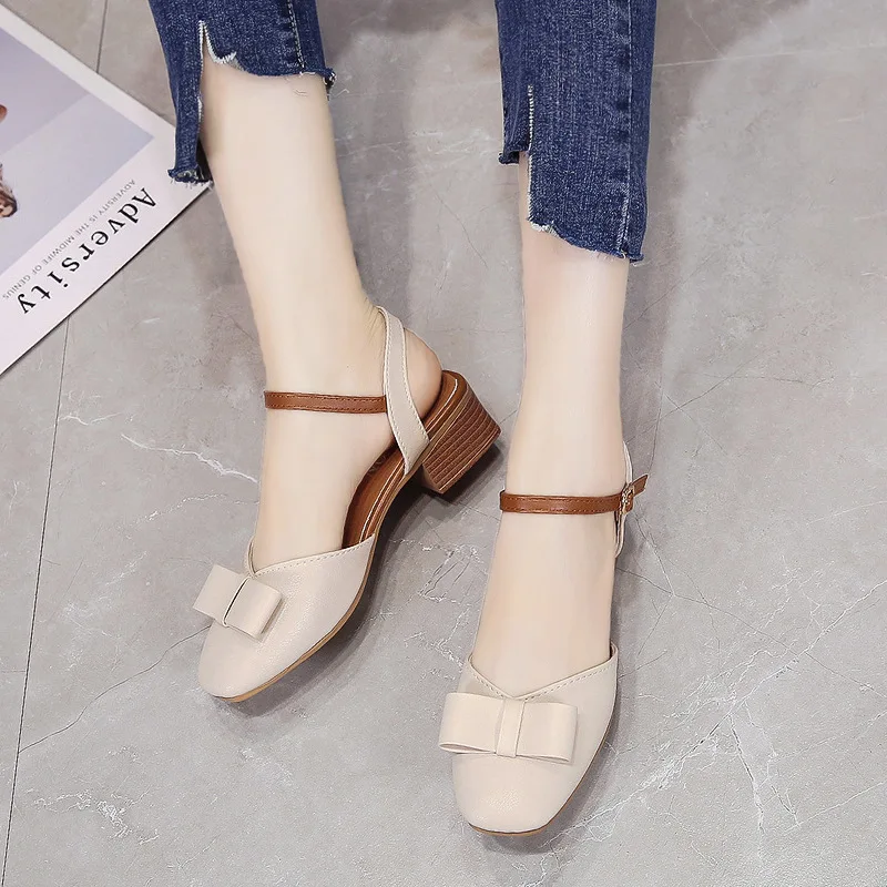 

2019 New Style Fairy Wind Summer WOMEN'S Shoes Cool GIRL'S A- line Buckle Bow High-Heel Chunky-Heel Women's Closed-toe Sandals
