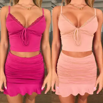 

2020 Women's Sleeveless V Neck Sling Cropped Tops Folds Ruffle Mini Skirts Party Bodycon Two Piece Set