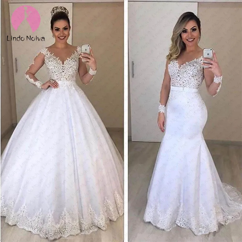 

Plus Size Vestido De Noiva Elegant Lace Mermaid Wedding Dresses Custom Made Long Sleeves Scoop Detachable Train Wedding Gowns