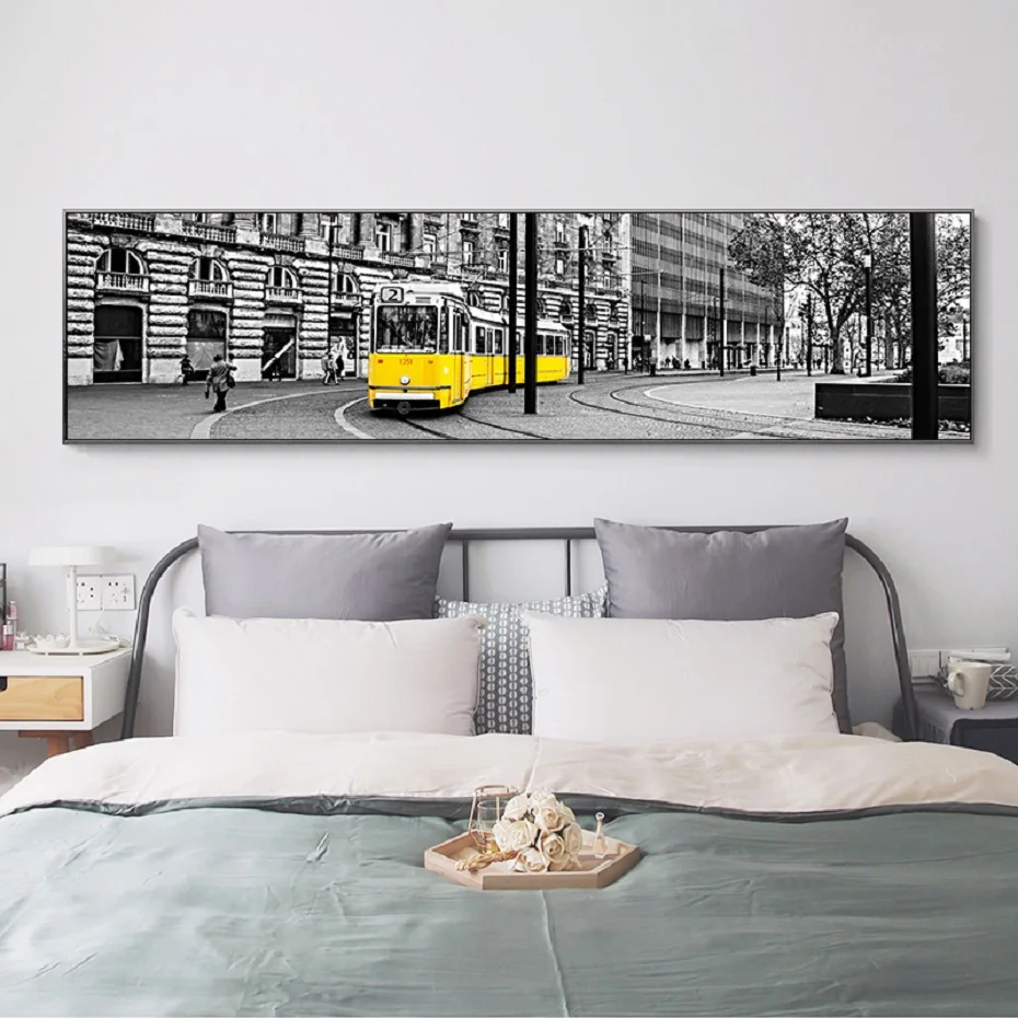 Vintage Black Yellow City Tram Street Canvas Prints Posters Wall Art Landscape Canvas Paintings for Living Room Home Decor