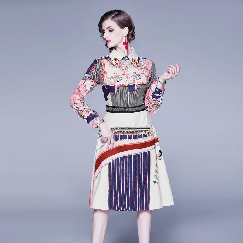 

Spring And Autumn New Style French-Style Elegant Printed Slim Fit Slimming Contrast Color Fold-down Collar Dress