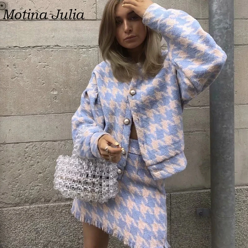 Motina Julia сексуальный клетчатый шерстяной Блейзер, комплект для женщин, Осень-зима, два предмета, Блейзер, уличная одежда, Офисная Женская верхняя одежда