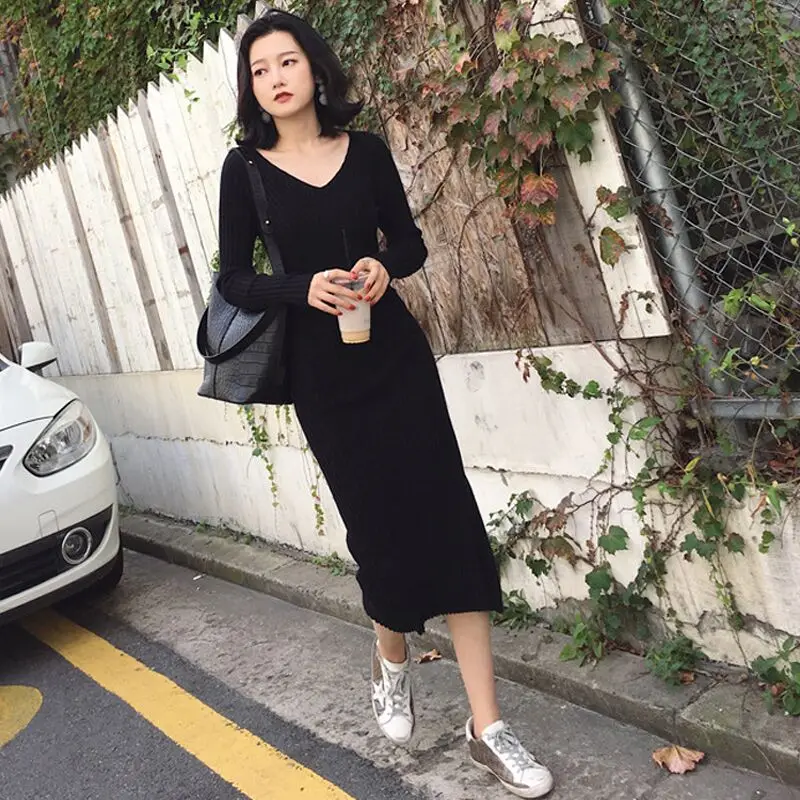 

Fashion Women Maxi Dress Slim Knitting Sweater Dress Long Sleeve V-neck Long Party Dresses