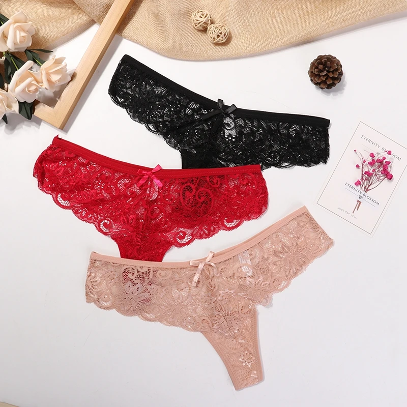 3 Pcs Woman Panties Sexy Lace Thong Underwear Lingerie Female T-back Temptation Low Waist Women Transparent G String high waisted underwear tummy control