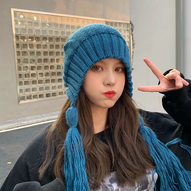

Autumn Winter Ear Protection Hat Women's Warm Knitting Baotou Tassels Girl Outdoor Cute Hat Korean Japanese Students Blue