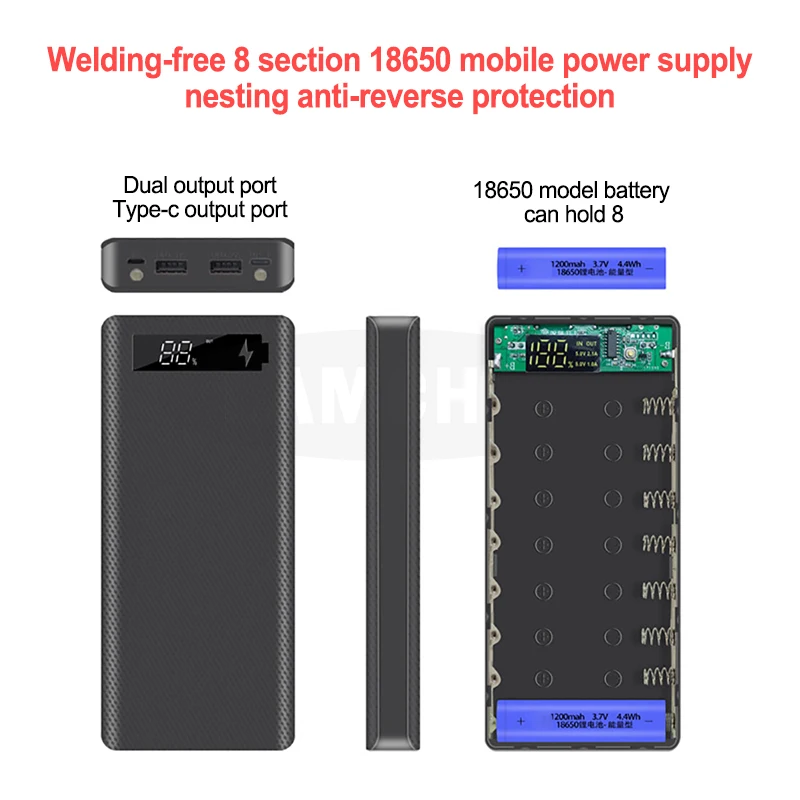 Type C USB зарядное устройство чехол для IPhone11 X samsung S10 Plus с розничной посылка 8*18650 5V Dual USB power Bank Shell