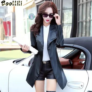 

Boollili 2020 Women Leather Jacket Spring Autumn Long Slim Outwear Style Windbreaker Faux Sheep Leather Jackets Plus Size Coat