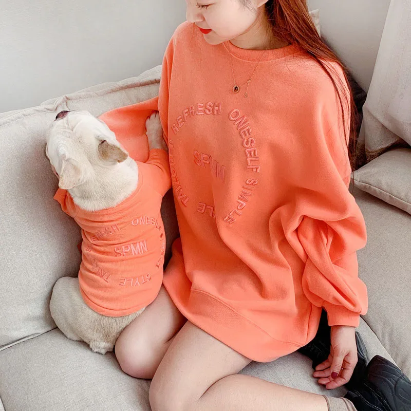 HSWLL/весенне-осенняя новая одежда для родителей и детей с щенком одежда для бульдога, вышитая собачка корейский свитер, футболка - Цвет: Orange