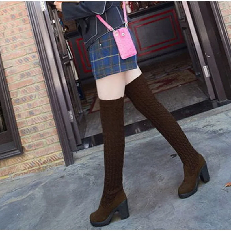 Зимние женские вязаные Стрейчевые Сапоги выше колена; женская теплая обувь на платформе без шнуровки; Женская Удобная модная обувь; модель года