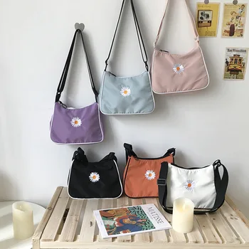 

New Canvas Crossbody Bag for Women 2020 Korea Wild Daisy Embroidery Small Shoulder Tote Bags Ladies Purses and Woman Handbags