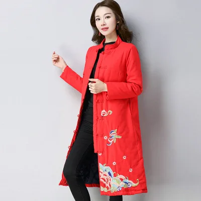 

2018 Winter Retro National Wind Large Size Cotton-padded Clothes Women's Embroidered Mid-length Thick Cotton Coat