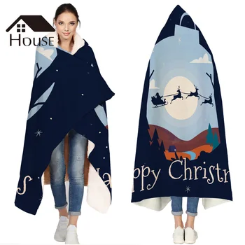 

Christmas Santa Claus Sky Blue Ball Pattern Portable Wearable Fluffy Custom Hooded Blanket Fleece Hooded Throw Wrap Bed Blanket