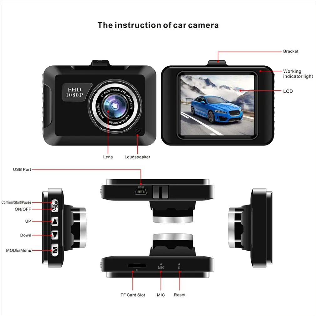 Автомобильное зеркало заднего вида 2 дюйма DVR ADAS видеорегистратор широкоугольный