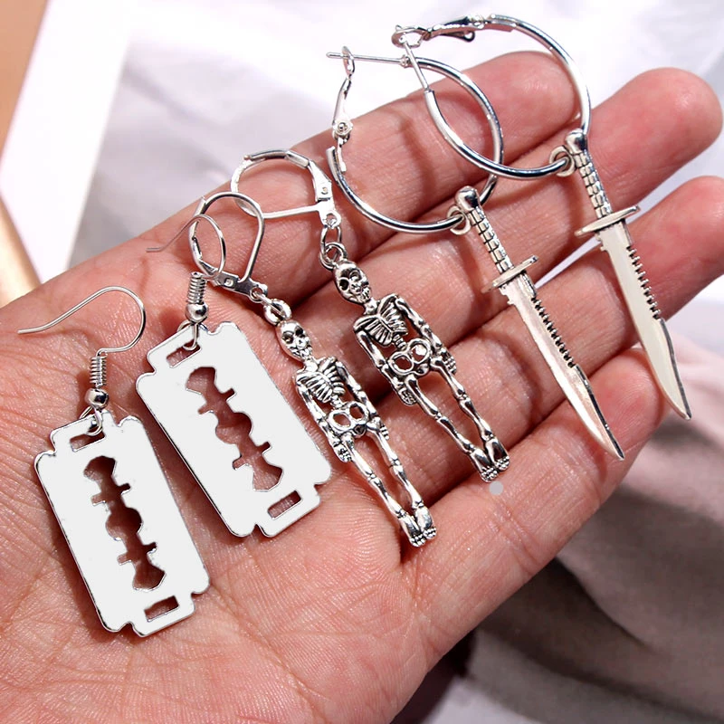 Flatfoosie 3pair/set Fashion Punk Skeleton Blade Drop Earrings Sliver Color Retro Small Dangle