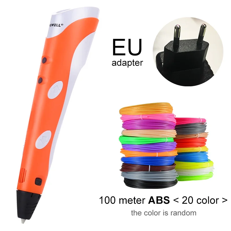 Orange EU-100m ABS Myriwell, 3D Ручка,, сделай сам, 3D печать, ручка с 100 м ABS/PLA нитью, креативная игрушка, подарок для детей, дизайнерский рисунок - Цвет: Orange EU-100m ABS