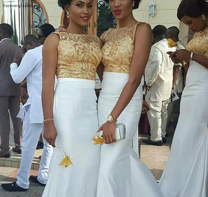 Африканское платье подружки невесты с юбкой-годе Золотое кружевное аппликация сад страна Формальные пригласительные на свадьбу горничной