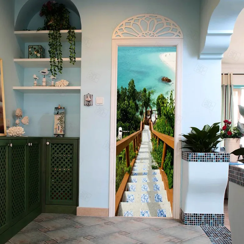 3D PVC Self Adhesive Waterproof Door Sticker Aegean Sea Stairs Photo Wallpaper Living Room Bedroom Home Decor Wall Paper | Дом и сад