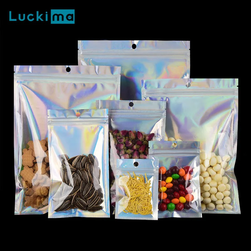 

100Pcs Laser Ziplock Bag Self Sealing Gift Bag Cosmetic Package Resealable Jewelry Thick Aluminum Foil Zip Lock Storage Bags