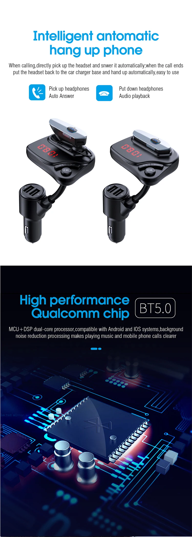 Автомобильный MP3-плеер двойной USB зарядное устройство Bluetooth Автомобильный fm-передатчик