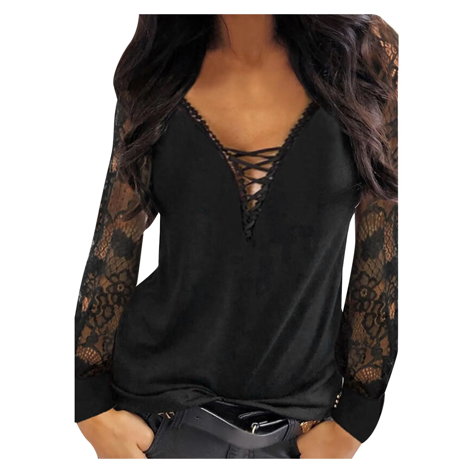 Fashion Sexy Tops Women 2021 long sleeve Top Commuting Pullover V-neck Lace Bottoming Blouses Shirts 2