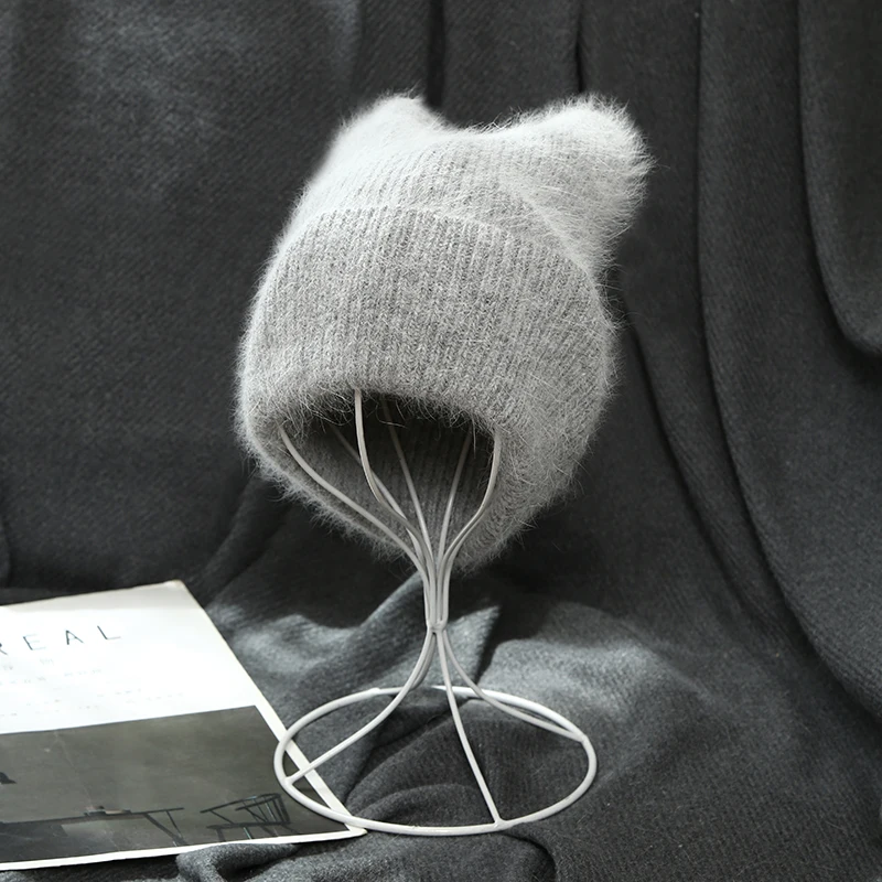 VISROVER 17 Colorway Unisex Solid Cat Shape Rabbit Fur Woman Winter Hat Soft Autumn Bonnet Cute Cat Ear Woman Warm Skullies Gift 