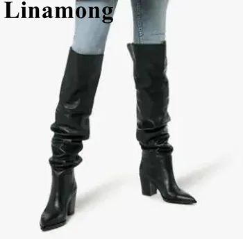 

2019 Winter Newest Black Women Boots Over-the-knee Square Heel And Sexy Pointed Toe Pleated Design Slip-on High Heel Women Shoes