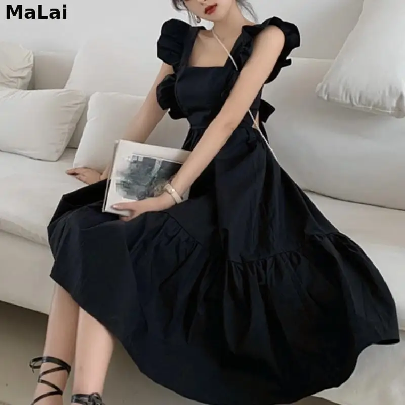 

Французский дизайн с бантом пикантные черные платья женские летние 2021 в Корейском стиле с низким вырезом на спине вечернее Вечерние Платье женское платье без рукавов в винтажном стиле; Платье миди