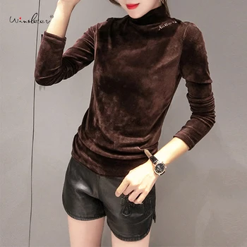 

Spring 2020 Velvet T-shirt Women Casual Turtleneck Embroidery Slim Stretchy Long Sleeve Tops Tee футболка T01201B