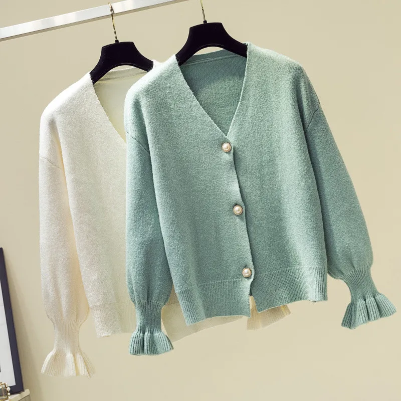 

Fashion Pure Cardigan Women Casual Cashmere Sweater Autumn Winter V-neck Sweaters Solid Woman Ruffle Sleeve Top Knit Button Coat