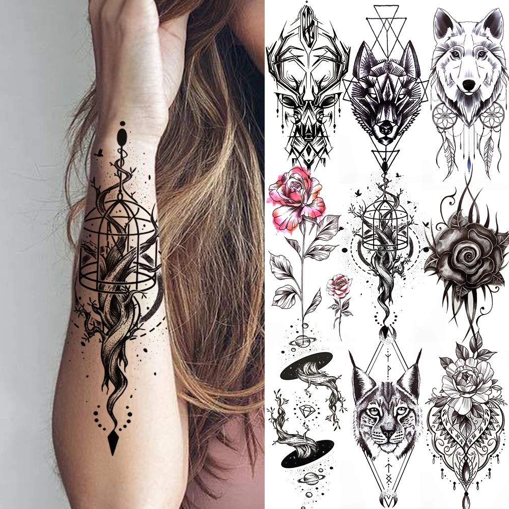 Tatouage Arbre De Vie Femme Signification Faux Tatouage Temporaire Pour Femmes, Autocollant, Cage, Arbre De Vie,  Oiseau, Loup, Chat Noir, Capteur De Rêves, Transfert D'eau - Tatouages  Éphémères - AliExpress